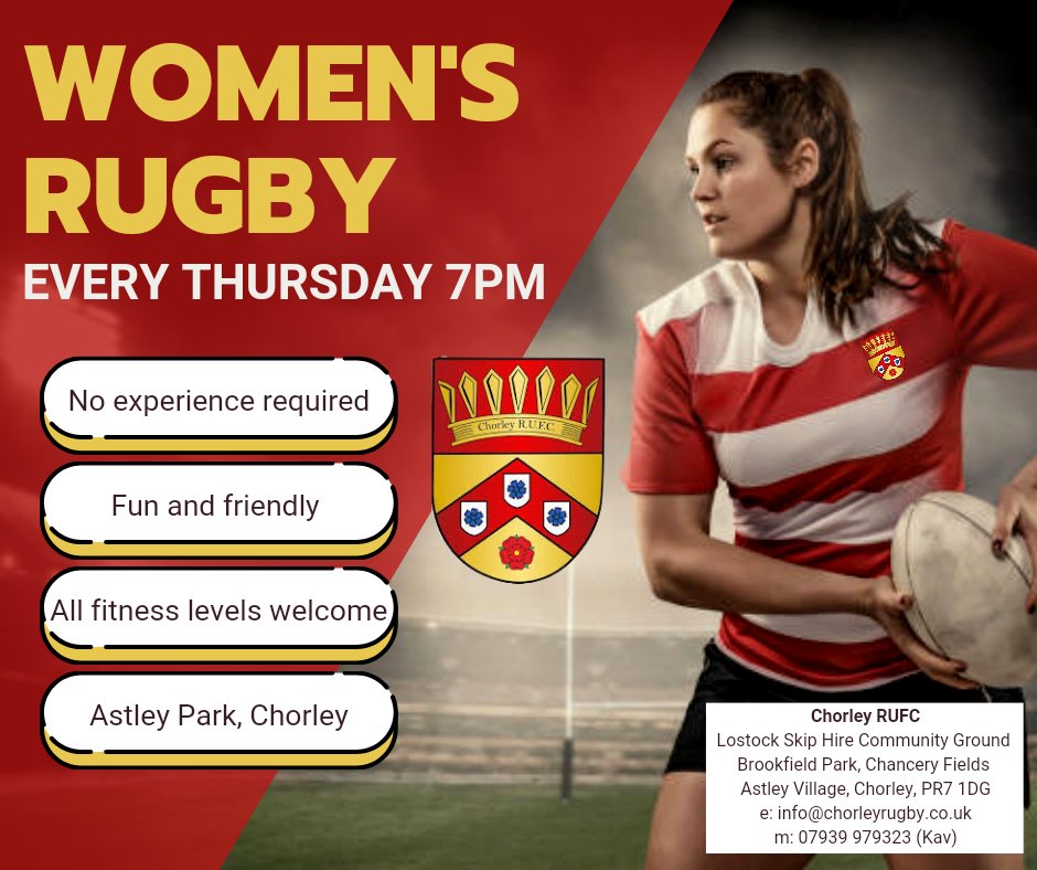 Chorley RUFC would love to even see more of you join us
Training 7pm every Thurs evening
All fitness levels and newcomers are welcome and no previous rugby experience is required.

For information contact Kav 07939979323 info@chorleyrugby.co.uk

#womensrugby #girlsrugby #Rugby