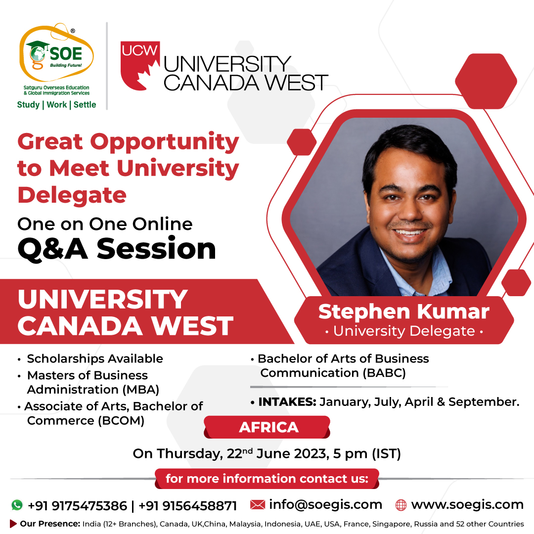 Connect with Stephen Kumar from University Canada West, as he provides valuable insights to students through a Q&A One-on-One Online session on 22nd June. Register online to secure your spot now!
Visit here-
soegis.com
.
.
#InternationalStudents #OverseasEducation