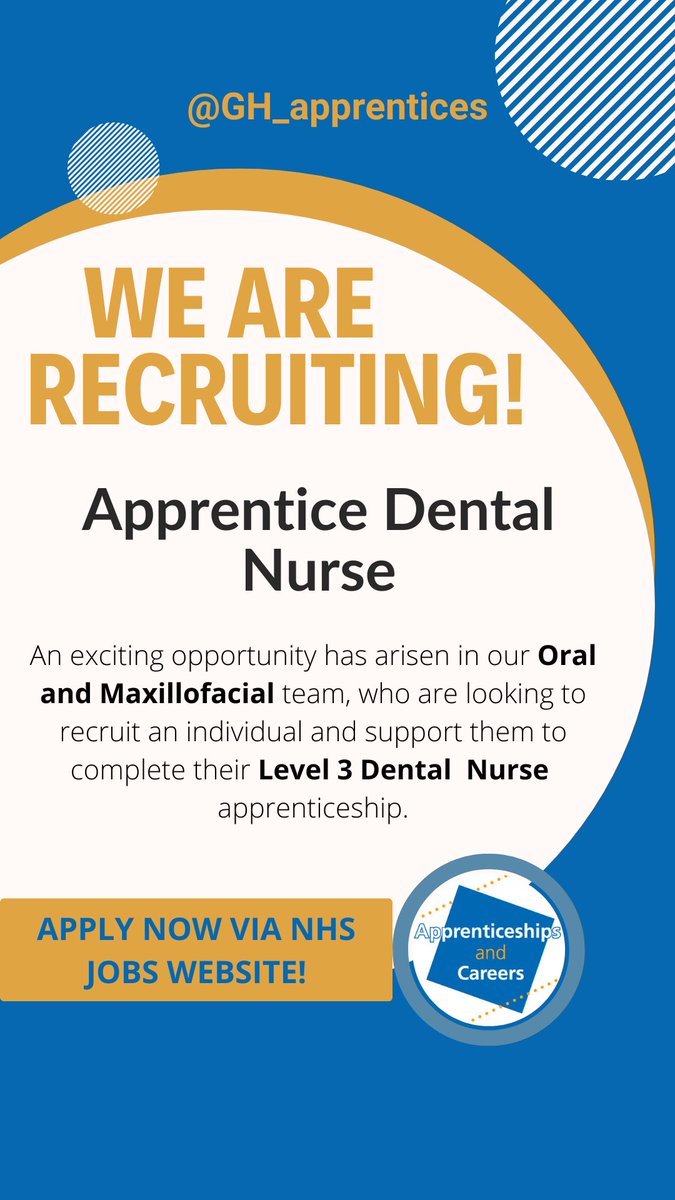 Last chance to apply!  

Our Apprentice Dental Nurse vacancy with the @gloshospitals Oral and Maxillofacial team is still available to apply for on @NHS_Jobs.

See here: beta.jobs.nhs.uk/candidate/joba…… #CareersDay #CareersFamily #SkillsforLife #350careers #StepintotheNHS