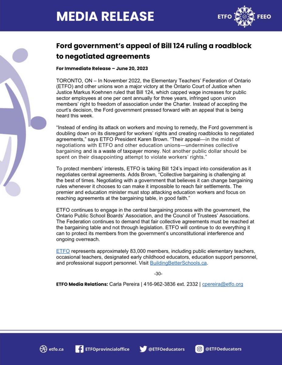 #ETFO MEDIA RELEASE: @FordNation govt’s appeal of Bill 124 ruling a roadblock to negotiated agreements

@ETFOPresident: “Not another public dollar should be spent on [this govt’s] disappointing attempt to violate workers’ rights.”

etfo.ca/news-publicati…

#OntEd #OnLab #OnPoli