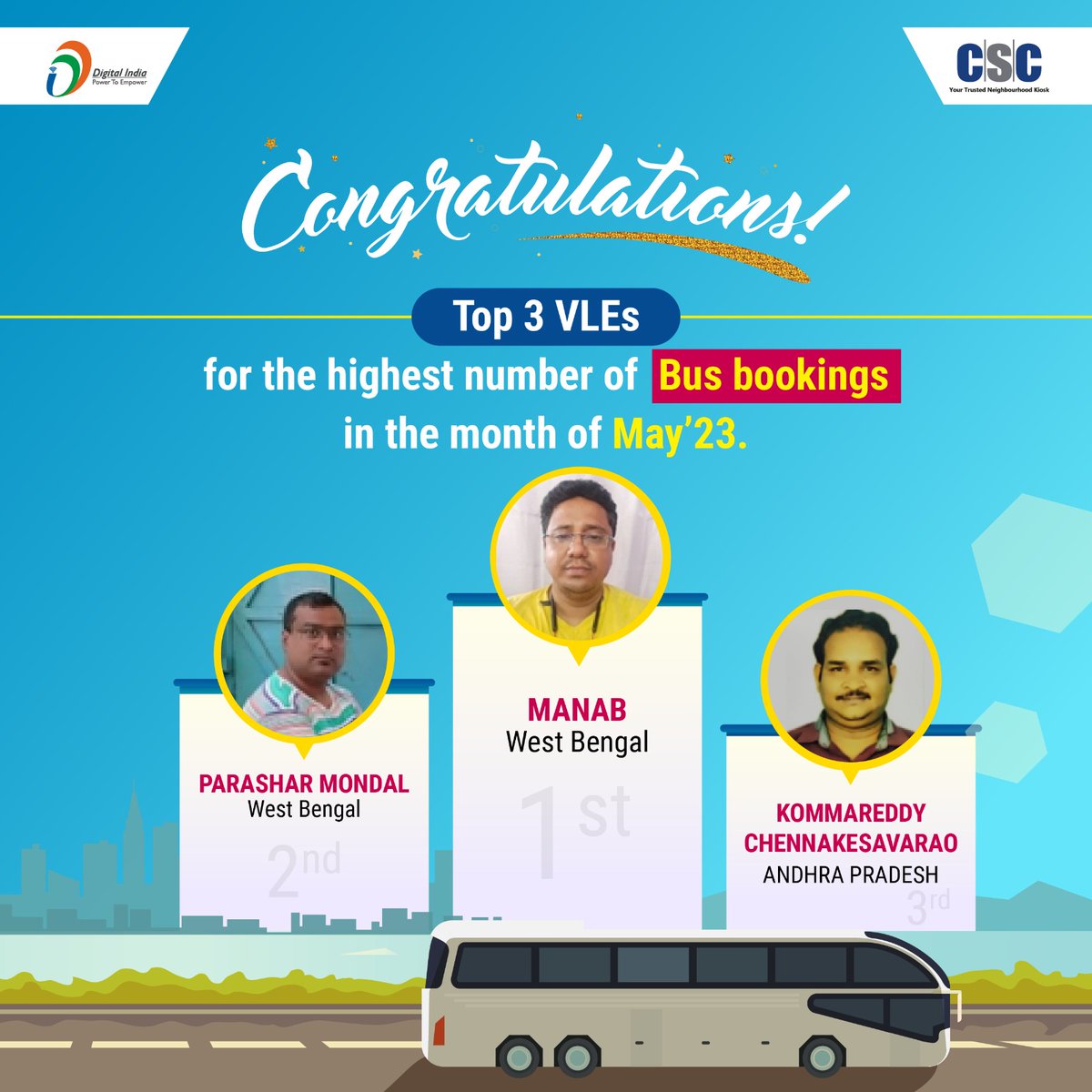 CscSafar's tweet photo. Happy to Inform you!!
Congratulations💐 to the Top 3 CSC VLEs for the highest Bus Bookings in the month of May'23.
wish you all the best in your future endeavours.🙏
#cscsafar #csc #digitalindia #busservices #bustickets #busbooking #cscbusservices
@CSCAndhra https://t.co/n946n1vACn