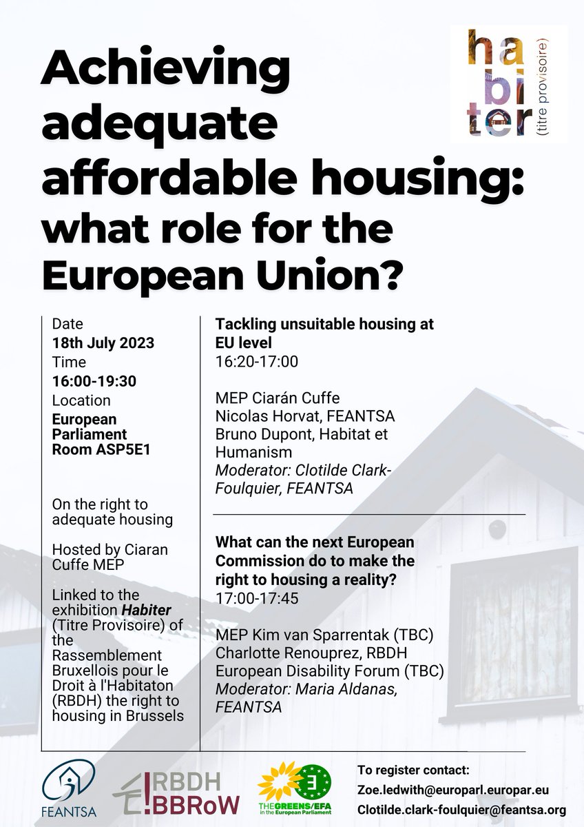 FEANTSA's tweet image. 🤔What role can the EU play in the right to affordable, adequate housing?
Interested in the answer? Attend @FEANTSA's event next month at the 🇪🇺 Parliament, hosted by MEP @CiaranCuffe, linked to an exhibition of the RBDH
📅 18th July
✍️Registration: bit.ly/3XnpiKUa