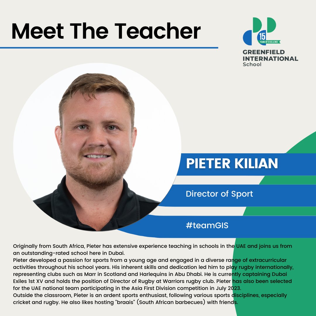 GreenfieldIntS's tweet photo. Welcome to #teamGIS, Mr Pieter Kilian, who will be joining us as a Director of Sport starting August 2023.πͺπͺπͺ
#behappybeGIS #ProudlyTaaleem #InspiringYoungMinds #AllForTheLoveOfLearning #ChallengingEveryMind
@Taaleem https://t.co/7RA6rIuDhj