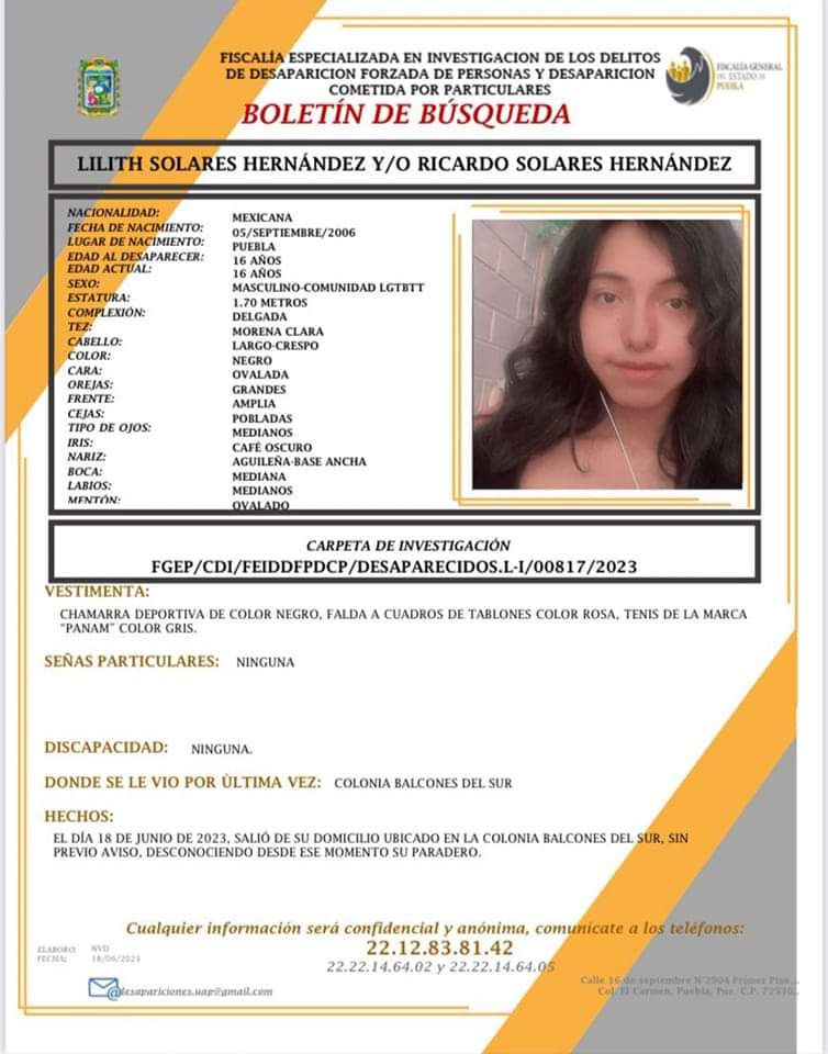 carlosmartinh's tweet photo. ¡ServicioSocial! 🙏
Lilith Solares Hernández y/o Ricardo Solares Hernández, de 16 años de edad, salió de su domicilio el 18 de junio en Balcones del Sur, y desde entonces se desconoce su paradero.

@FiscaliaPuebla @aamber_pue @AAMBER_mx https://t.co/QukFsUjabB