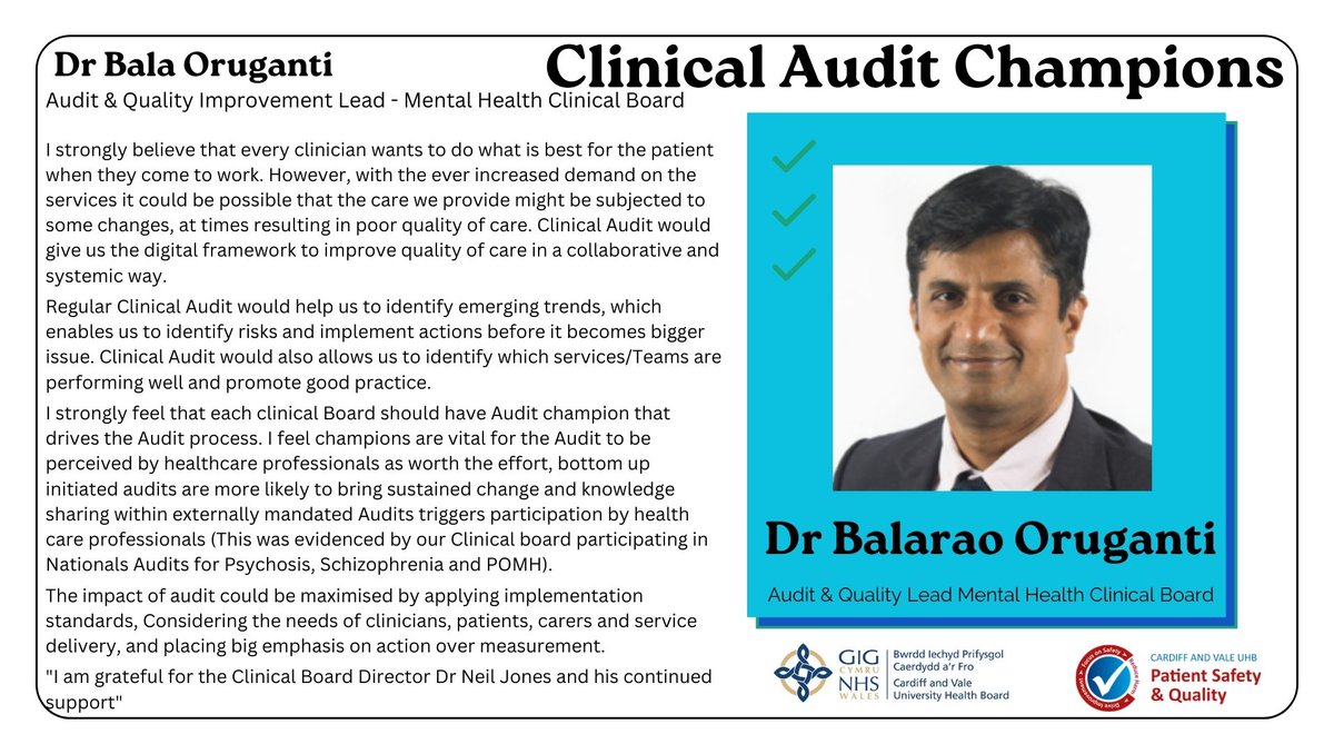 Angharad Oyler (@angharad_oyler) on Twitter photo A Massive thank you to Dr Balaroa Oruganti for being a CaV Clinical Audit and Quality Improvement Champion in Mental Health Services 🌟
<a href="/JenneyMeriel/">Meriel Jenney</a> <a href="/Fiona_Kinghorn/">Fiona Kinghorn</a> <a href="/Jas_Roberts10/">Jason Roberts</a> <a href="/X_DebbieJones_X/">Debbie Jones</a> <a href="/CV_UHB/">Cardiff and Vale University Health Board</a> <a href="/CV_UHBSafety/">Cardiff and Vale UHB Patient Safety and Quality</a> <a href="/SuzRankin/">Suzanne Rankin</a> @JBellCardiff <a href="/Smurfox/">Mike Murphy</a> A Massive thank you to Dr Balaroa Oruganti for being a CaV Clinical Audit and Quality Improvement Champion in Mental Health Services 🌟
<a href="/JenneyMeriel/">Meriel Jenney</a> <a href="/Fiona_Kinghorn/">Fiona Kinghorn</a> <a href="/Jas_Roberts10/">Jason Roberts</a> <a href="/X_DebbieJones_X/">Debbie Jones</a> <a href="/CV_UHB/">Cardiff and Vale University Health Board</a> <a href="/CV_UHBSafety/">Cardiff and Vale UHB Patient Safety and Quality</a> <a href="/SuzRankin/">Suzanne Rankin</a> @JBellCardiff <a href="/Smurfox/">Mike Murphy</a>