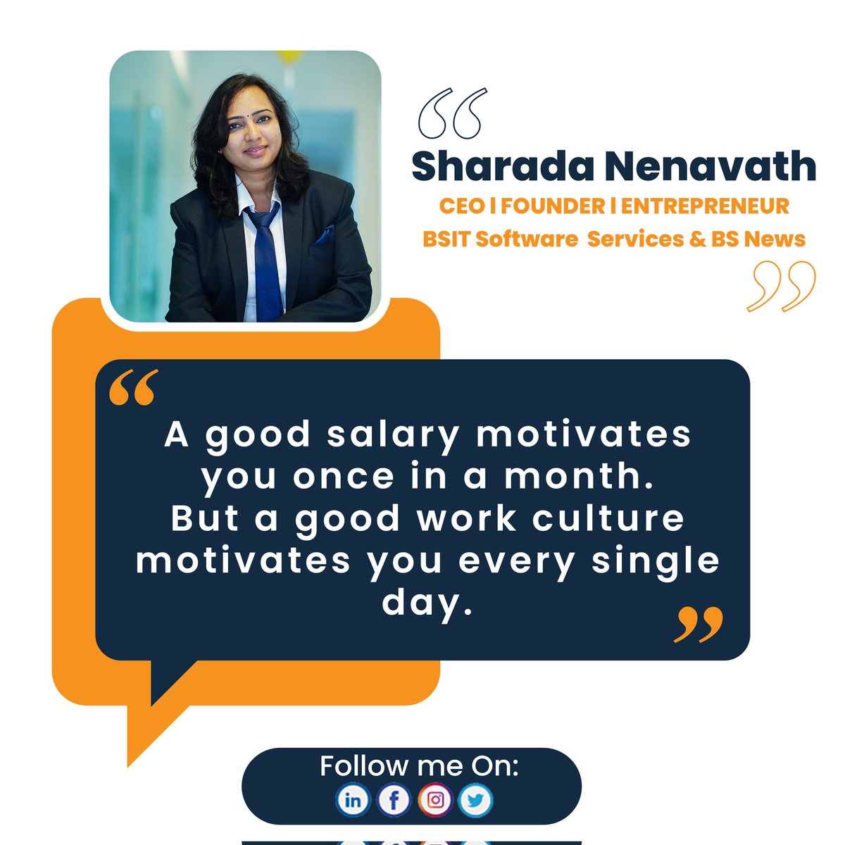 A good salary motivates you once in a month.
But a good work culture motivates you every single day.

#bhanuchandargarigela #bsitsoftware #bsit #bsitsoftwareservices #BSITSoftware #BSITSoftwarePrivateLimited #BSIT #BeAtBSIT #BSITSoftwareServices #India #Qoute #Motivational