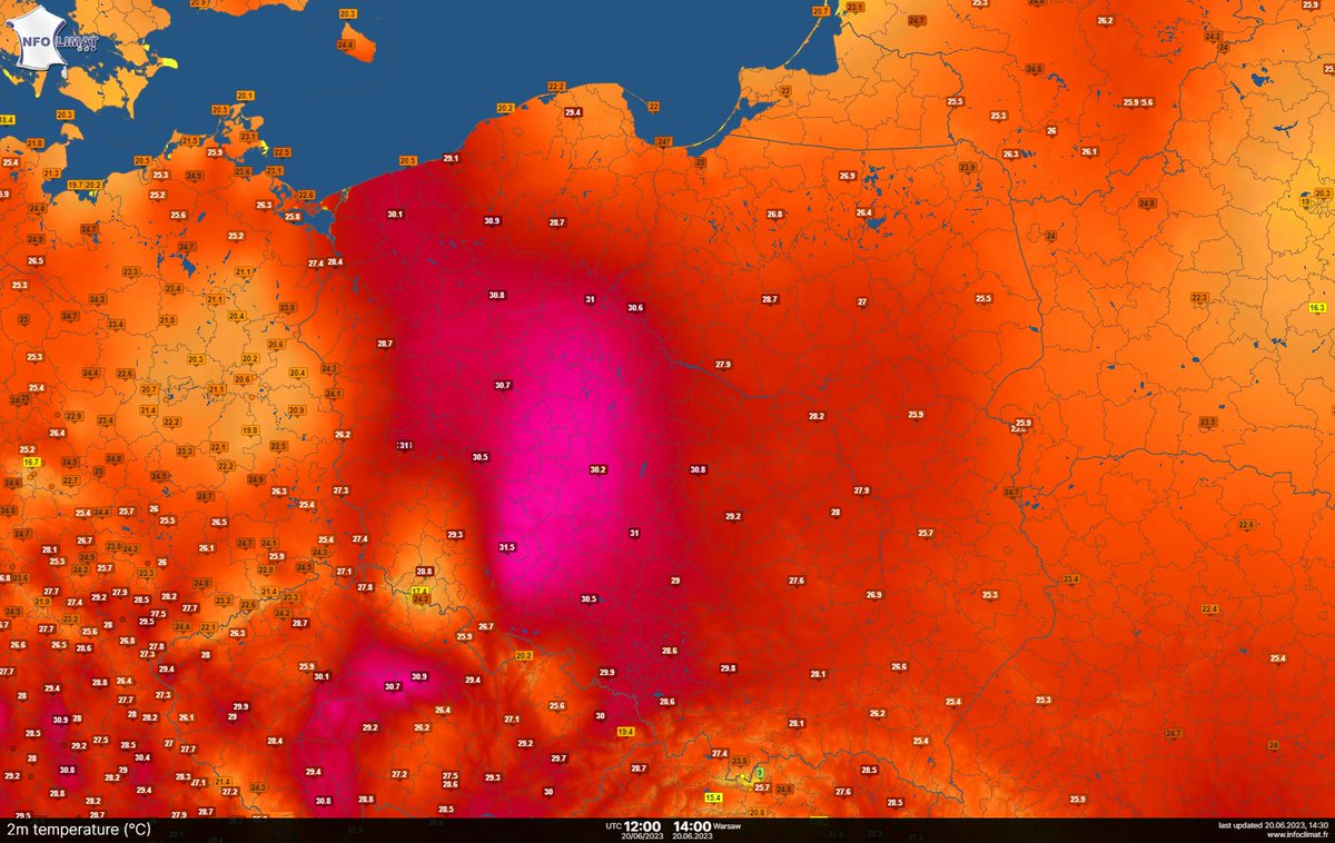 SOB_pl's tweet image. 31,5 st. Celsjusza wskazywały o 14:00 termometry we @wroclaw_info. Nieco mniej, ale nadal ponad 30 stopni było między innym w Wielkopolsce, @lodzkiePL czy na Opolszczyźnie. 
Mapa: infoclimat.fr 
#obserwatorzyburz #temperatura #upał #gorąco #polska