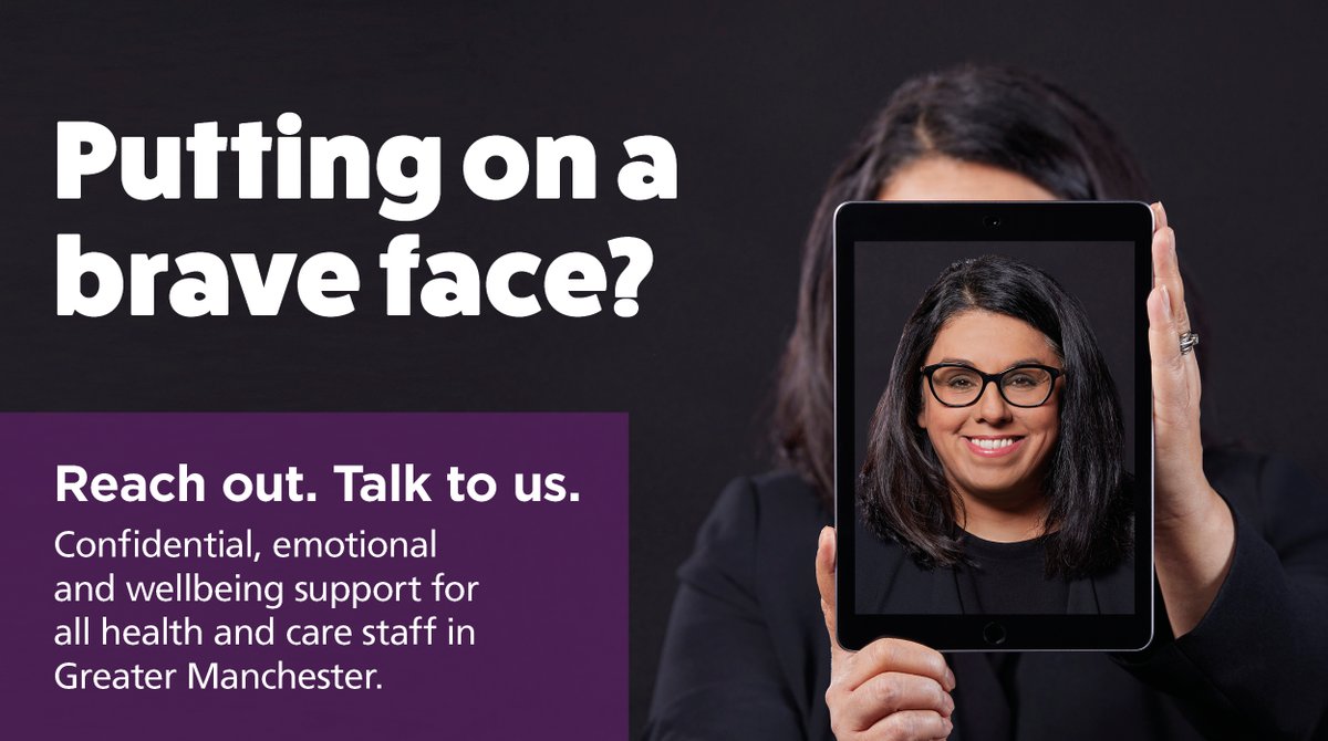 Do you work in health and care services across Greater Manchester?

Please don’t put on a #BraveFace if you’re struggling, talking to someone can help process what you’re going through.

Our #GMResilienceHub are here for you – and they’ve helped lots of colleagues already. 1/3
