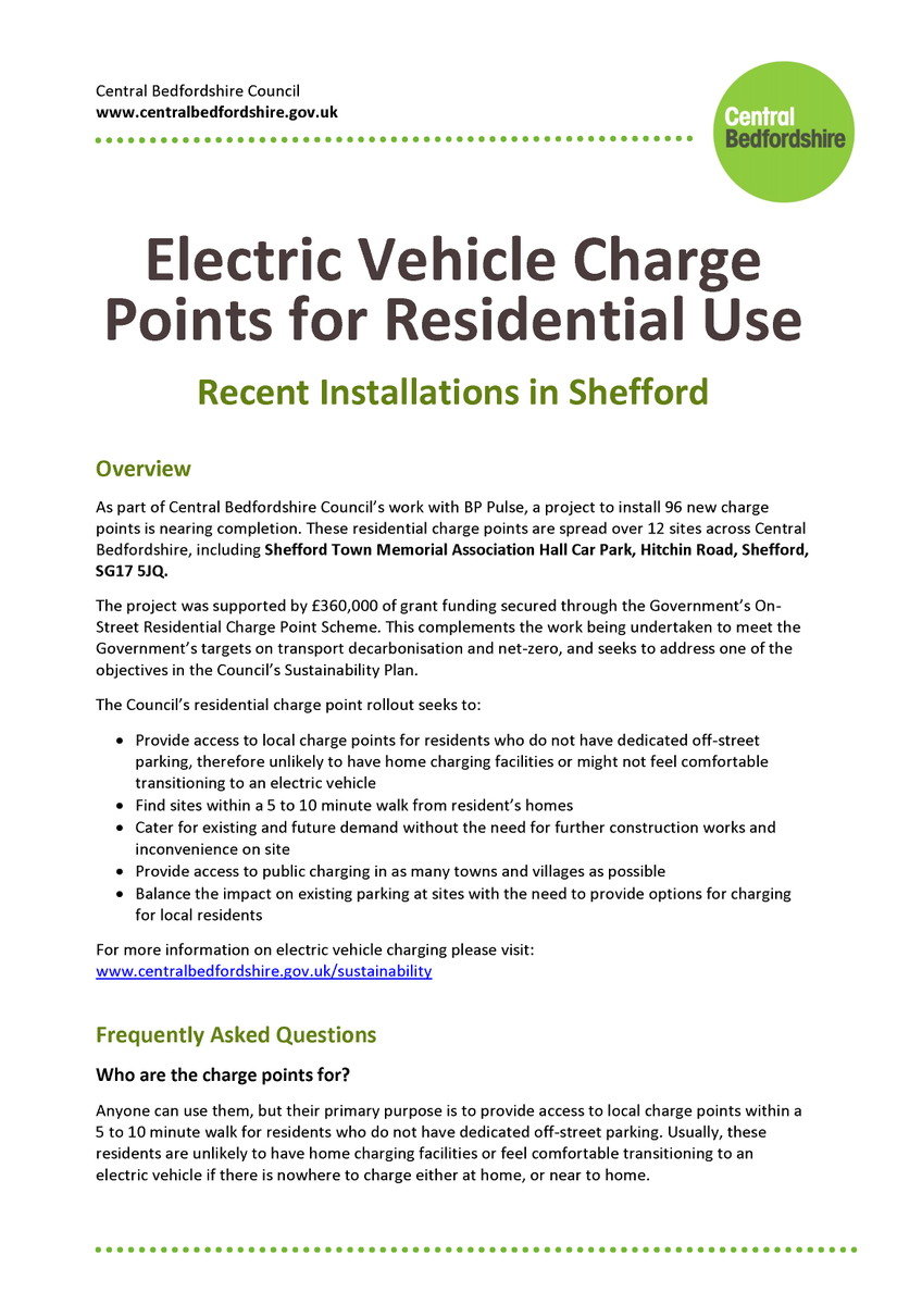 SheffordTC's tweet photo. As part of Central Bedfordshire Council’s work with BP Pulse, a project to install 96 new charge points is nearing completion. These residential charge points are spread over 12 sites across Central Bedfordshire, including the Shefford Town Memorial Association Hall Car Park https://t.co/D7MBODoJ6r