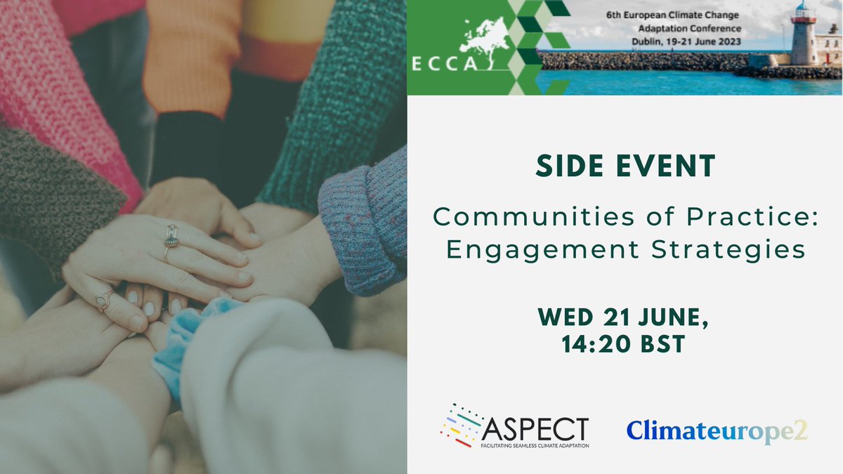 ASPECT partners are taking part at the @ECCA2023 conference in Dublin, Ireland, with a session on engagement strategies, together with the project @climateurope2

Join the session at on Wed 21 June at 14:20 BST at the Guard Room, Printworks. 

➡️Programme: ecca2023.eu/day-3