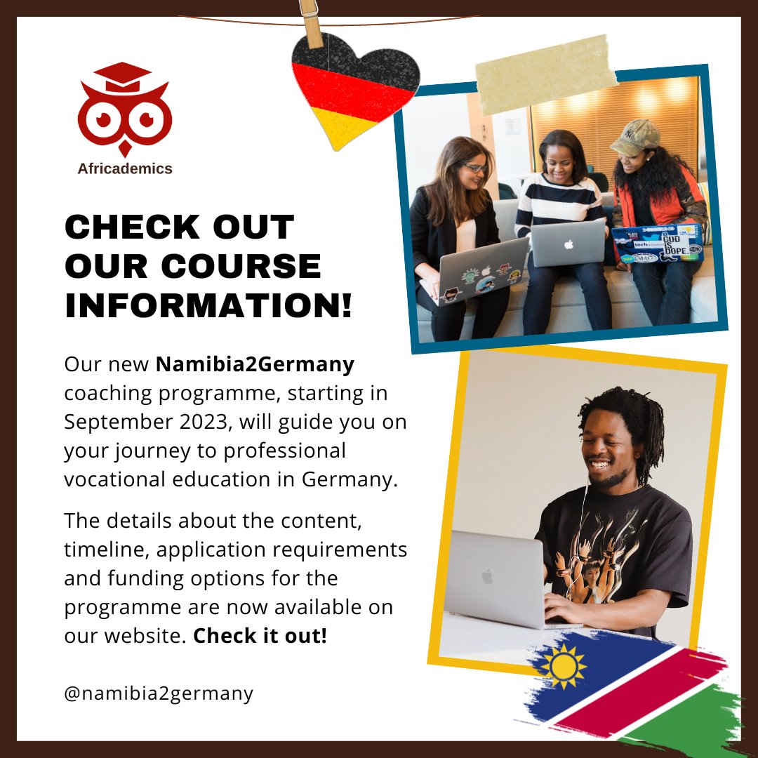 Curious about our new #Namibia2Germany programme for German-speaking #Namibians who want to pursue a 3-year professional training programme in #Germany? All the details are now available on our website, so check it out: tinyurl.com/2znpt4k5

#africademics #TVET #ausbildung