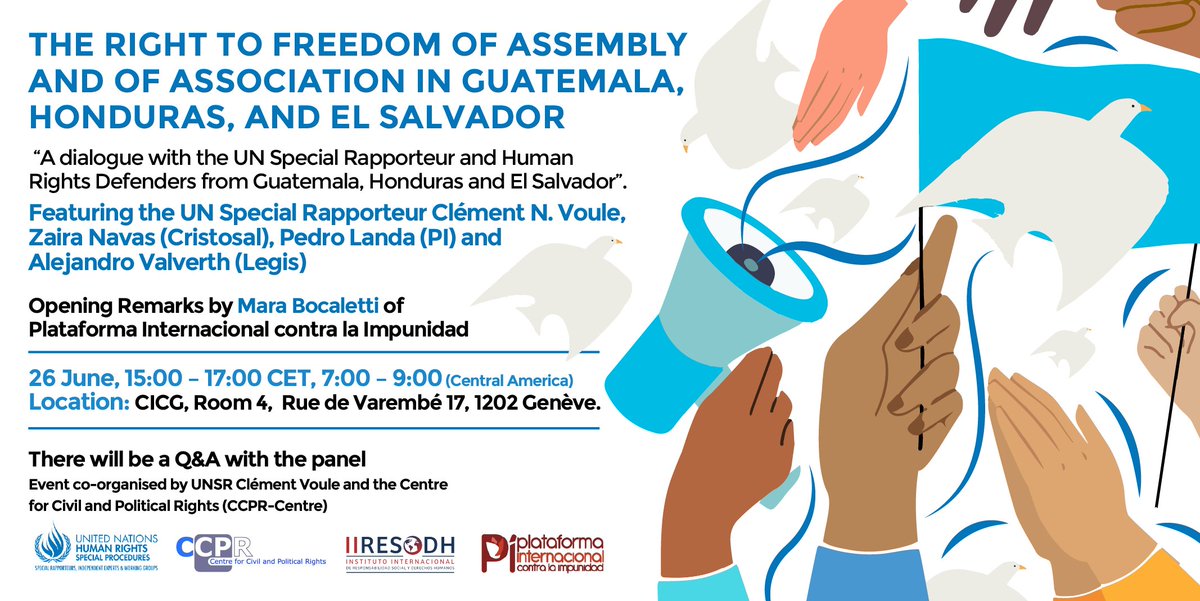 cvoule's tweet photo. #HC53 - I’m hosting w/ @CCPR_Centre, @IIRESODH &amp; @PIRegional a dialogue on int/ standards &amp; the situation of the rights to p/ assembly &amp; association in #Guatemala, #Honduras and #ElSalvador w/ HRDs from these countries.
📅 26/6, 15:00 - 17:00 CET
Sign up: https://t.co/Gy8xYb8CBg https://t.co/eGwRAeclWP