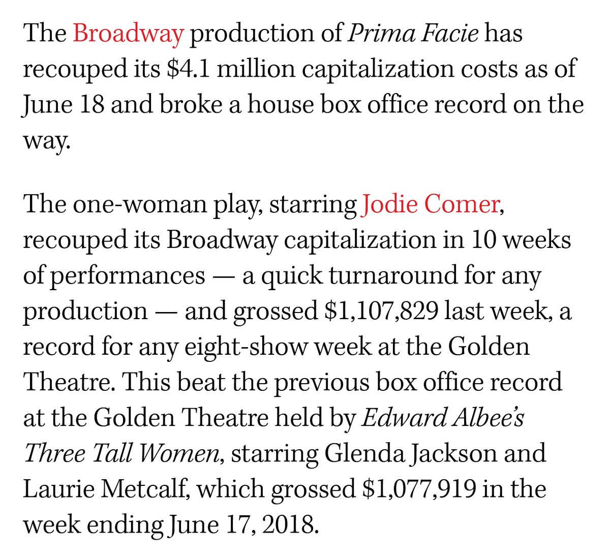 EnosAniretak's tweet photo. Prima Facie starring Jodie Comer recouped its Broadway capitalization in 10 weeks of performances — a  quick turnaround for any production — and grossed $1,107,829 last week, a  record for any eight-show week at the Golden Theatre. 

🙌💪 https://t.co/XZQJtverS1