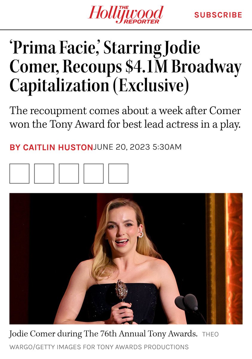 EnosAniretak's tweet photo. Prima Facie starring Jodie Comer recouped its Broadway capitalization in 10 weeks of performances — a  quick turnaround for any production — and grossed $1,107,829 last week, a  record for any eight-show week at the Golden Theatre. 

🙌💪 https://t.co/XZQJtverS1