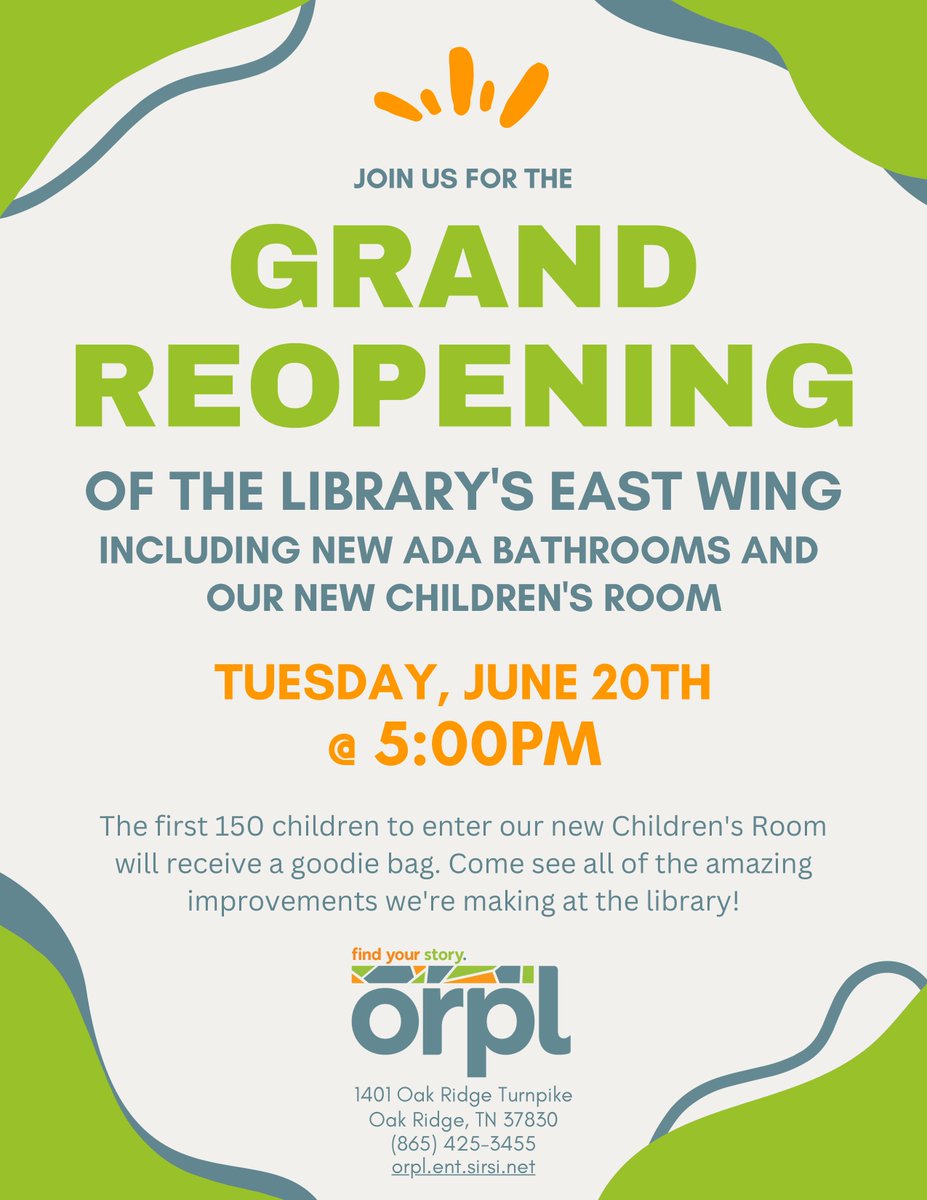 ORparks's tweet photo. The library staff encourages everyone to come to celebrate the reopening of the East Wing. 
Light refreshments will be served. 
For more information, follow the library on Facebook and Twitter:  @OakRidgePubLib 
or give us a call at (865) 425-3455. https://t.co/MwtWB0kdx0
