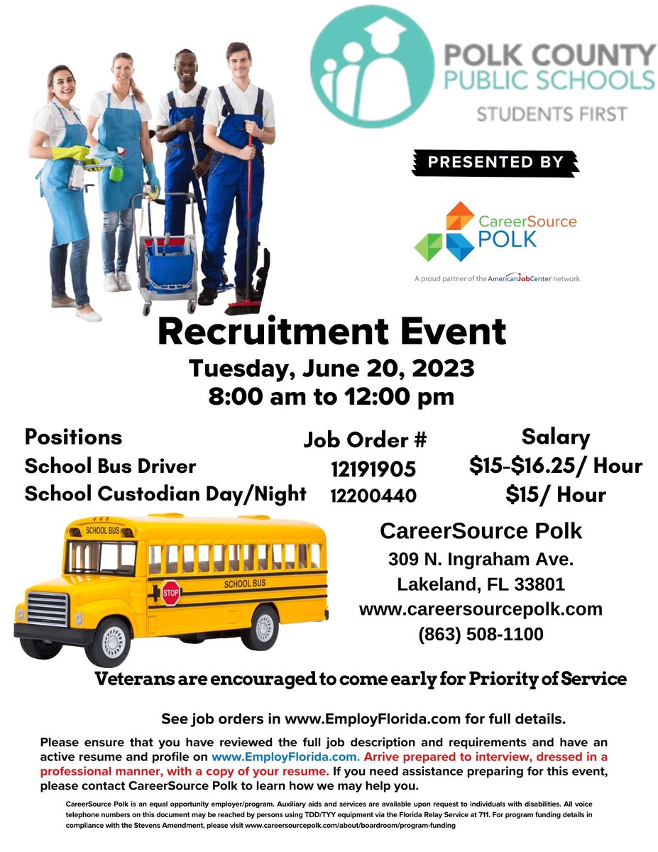 Come see Christi and Brittanie at @CareerSourceP Recruitment Event from 8-12! @PolkSchoolsNews is hiring for instructional and non-instructional positions! #HIRINGNOW #jobseekers #recruitment #teachers #busdrivers #Employment