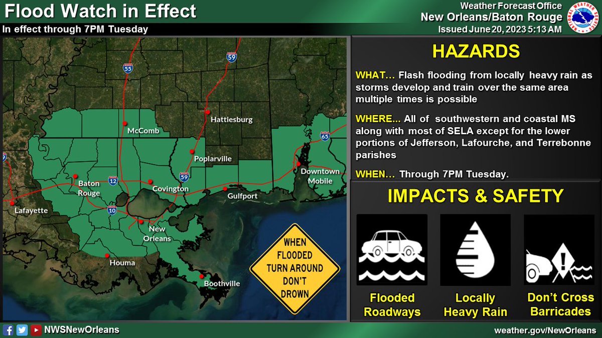 🌡️ A heat advisory is in effect for areas along and south of the I-10/12 corridor as we heat up quickly by midday with heat indices near 105-110°F.

🌧️ A flood watch remains in effect for most areas due to the potential for flash flooding associated with slow-moving heavy rain.