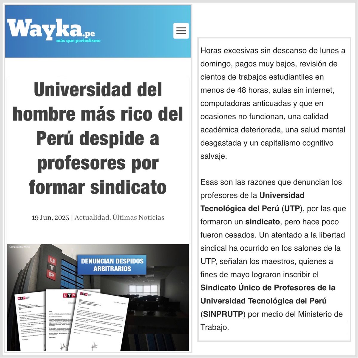 sinprutp's tweet photo. 🔵 #NOTICIA Gracias a @wayka.pe por la nota de ayer 📰 Algunos detalles de nuestras demandas y de todo lo que viene cometiendo la #UTP en contra de los docentes sindicalizados se encuentran en esta nota 🧵 https://t.co/GpcjjH5k4W