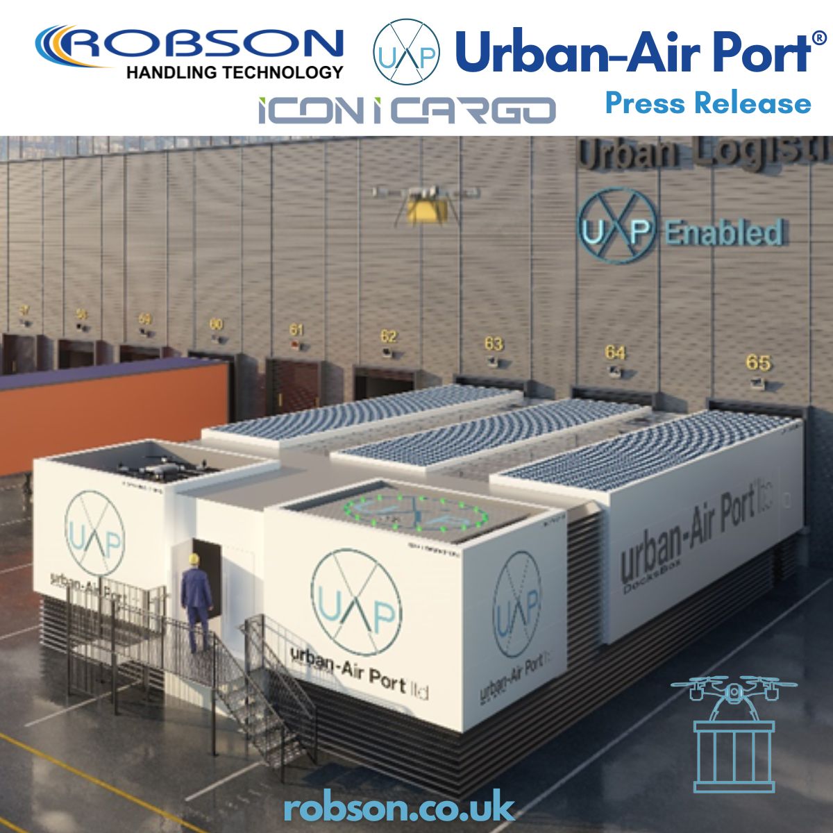 GeoRobson's tweet photo. Robson Handling Technology Ltd are thrilled to partner with Urban-Air Port, iCONiCARGO to deliver 'ready to fly' facilities, combining our extensive experience &amp; cutting-edge technologies

Click to download Press Release https://t.co/3mSquEqsIi

#Evtol #drone #drones #logistics https://t.co/OdqJk9Wqjh