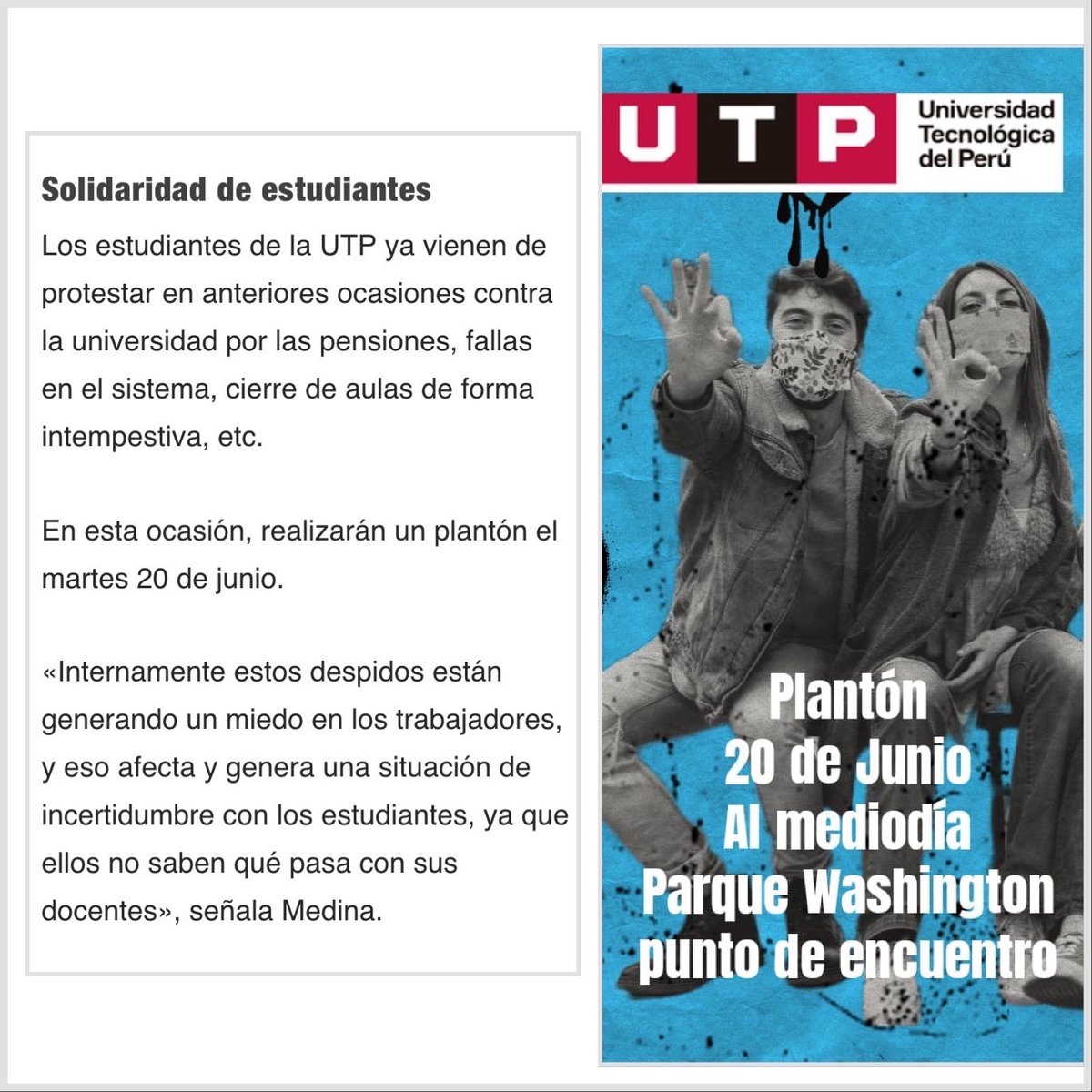sinprutp's tweet photo. Así también, agradecemos al @cedutp_ por solidarizarse con los docentes. Los estudiantes también están resultando perjudicados con todo esto y hoy se están manifestando mediante un plantón en el Parque Washington (Lima Cercado) 🧵 https://t.co/paUPfMcyPb