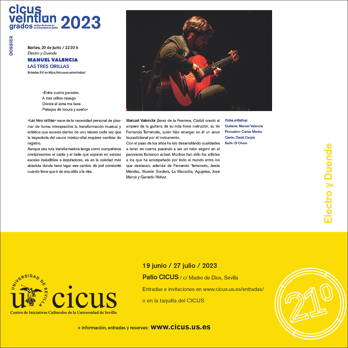 unisevilla's tweet image. 🌚 La primera semana de #21Grados en el patio del @CICUS_ comienza con #ElectroyDuende y la guitarra de Manuel Valencia 

➡ cicus.us.es/21grados2023/
🎟️ Últimas entradas: entradium.com/es/events/21-e…