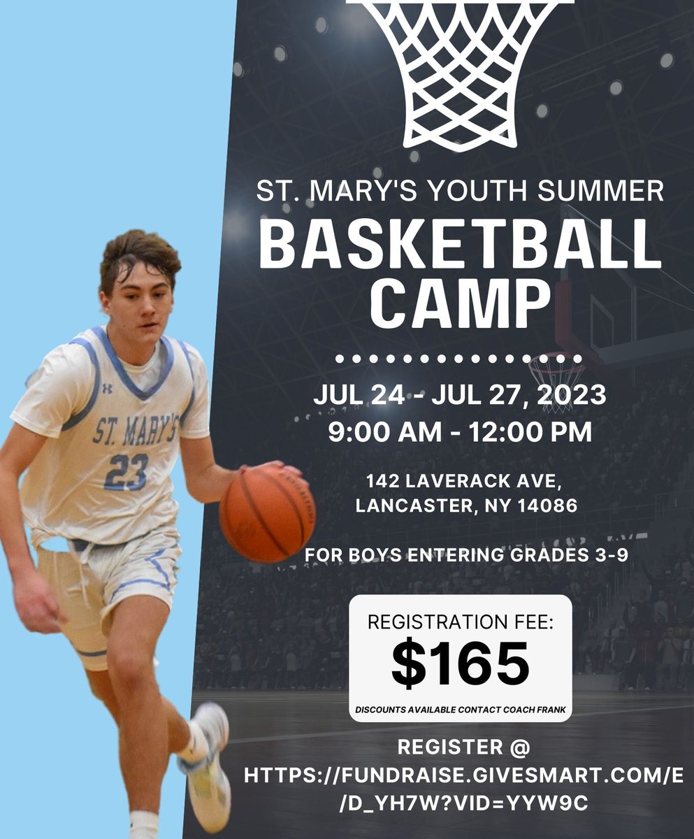 St. Mary’s Men’s Basketball (@stmarysmenbask1) on Twitter photo Interested in hooping this Summer? Come join us at our annual Boys Youth Summer Basketball Camp from July 24th through July 27th at St. Mary's High School. Use the attached link to register.🏀fundraise.givesmart.com/e/d_Yh7w?vid=y… <a href="/centercourt42/">🏀centercourt🏀</a> <a href="/SMHAthletics/">SMHAthletics</a> Interested in hooping this Summer? Come join us at our annual Boys Youth Summer Basketball Camp from July 24th through July 27th at St. Mary's High School. Use the attached link to register.🏀fundraise.givesmart.com/e/d_Yh7w?vid=y… <a href="/centercourt42/">🏀centercourt🏀</a> <a href="/SMHAthletics/">SMHAthletics</a>