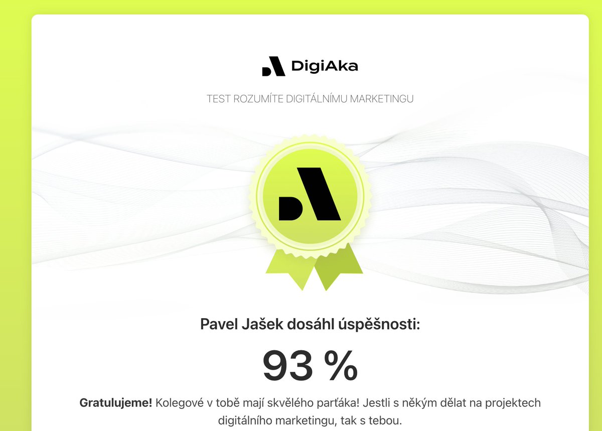 Rozumíte digitálnímu marketingu? Zkuste 40 otázek od projektu <a href="/DigiAka_cz/">DigiAka</a>. Určitě mne snadno porazíte :)

👉 gbe6sdnokrb.typeform.com/to/g5DJUDQp

(analytické otázky se ještě vážou na UA, takže netřeba se obávat znalostí GA4)

Bonus: podcast o skillsetu marketérů:  webtop100.cz/inspirace/podc…