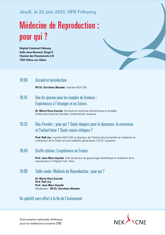 nekcne's tweet photo. Don de sperme et d'ovules, greffe utérine : la CNE invite à une conférence publique sur le thème "Médecine de reproduction : pour qui ?". La conférence aura lieu le 22 juin à 18 heures à l'Hôpital cantonal de Fribourg.
https://t.co/e7QOsABTCJ https://t.co/G9PhuzK7UF