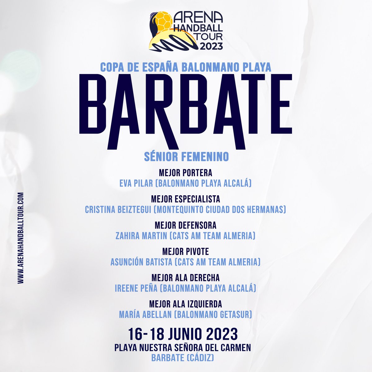ArenaHandballT's tweet photo. 🗳️ ¡Tenemos el 𝐀𝐥𝐥 𝐒𝐭𝐚𝐫 𝐓𝐞𝐚𝐦 𝐒𝐞𝐧𝐢𝐨𝐫 𝐅𝐞𝐦𝐞𝐧𝐢𝐧𝐨 de la #CopaESPBMPlaya de Barbate! 

🔝 @cats_Almeria, @bmplayalcala, @BMMontequinto y @BMGetasur se reparten presencia en el All-Star Team  

#CopaESPBMPlaya @diputacioncadiz @Ayto_Barbate @AndaluciaJunta https://t.co/C1kE51b2aB