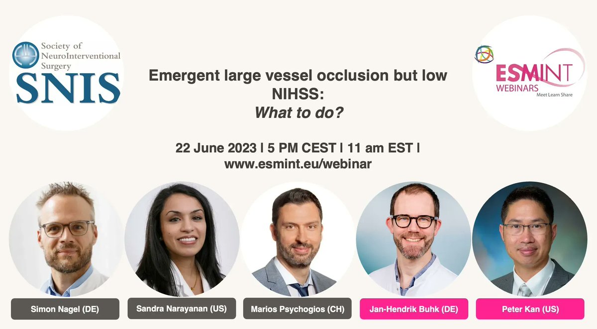esmintsociety's tweet photo. 📢 Take the opportunity to discuss mechanical thrombectomy in patients with low NIHSS with colleagues during our upcoming joint SNIS-ESMINT Webinar on Thursday, 22 June at 5 pm CEST / 11 am ET. Secure now your spot 👉 https://t.co/BlqPOffe65 @SNISinfo #esmint https://t.co/EXYw7VOwr7