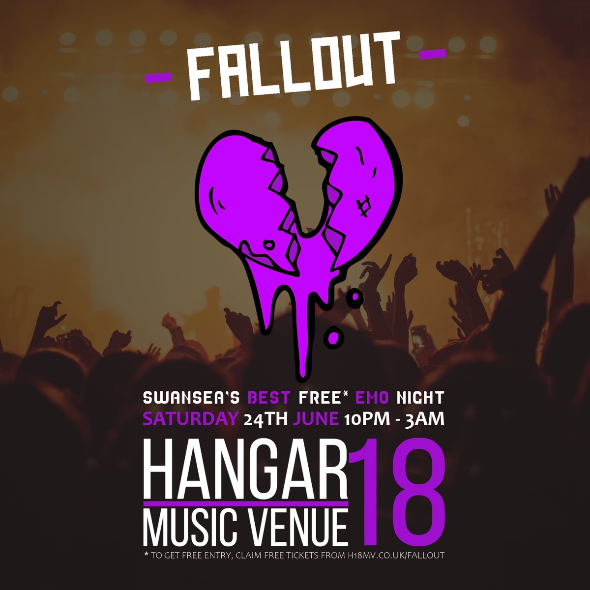 Fallout Emo Night: Swansea's BEST Free Pop-Punk/Emo Night -  An epic party this Saturday

As always, free tickets are available, but these are flying out! We gave away 23 yesterday and there are only 67 left!

Get yours at h18mv.co.uk/Fallout

Saturday | 10pm-3am