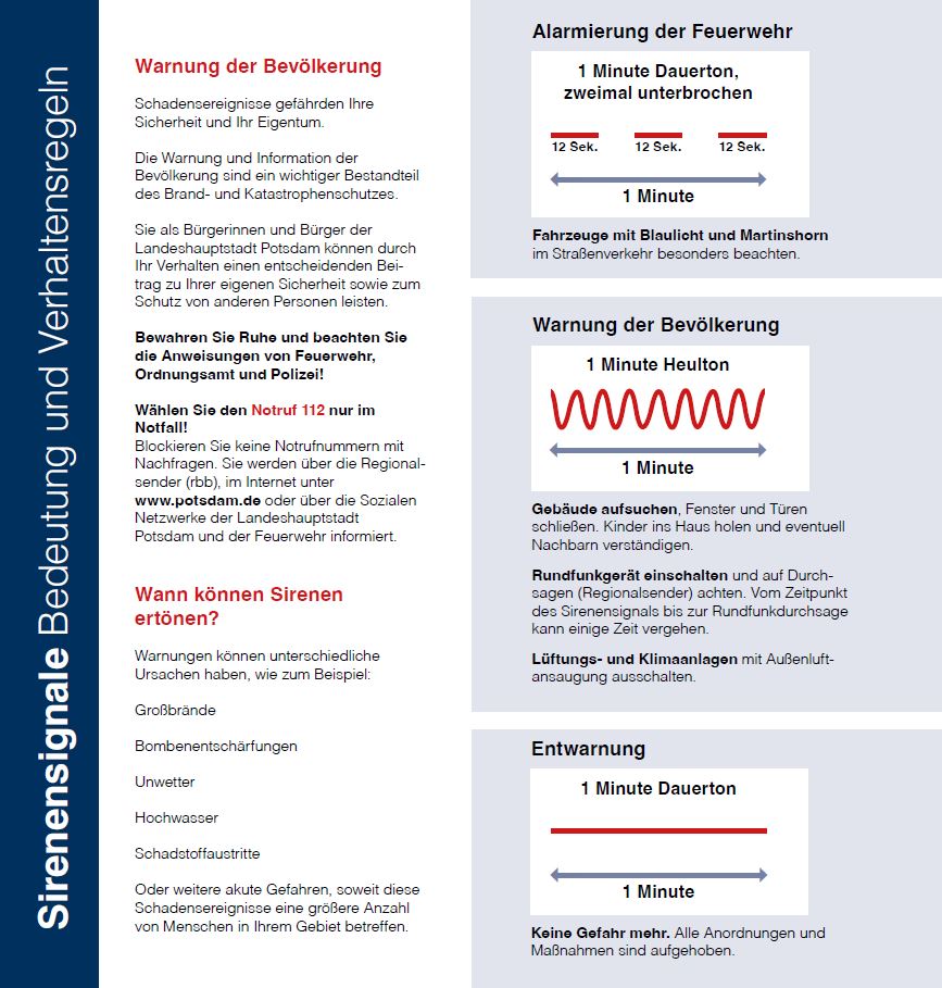 Am Samstag findet im Rahmen des Tag des Bevölkerungsschutzes um 13 Uhr eine Probewarnung statt.
Hierzu werden alle Sirenen ausgelöst und jeder Bürger innerhalb der @LH_Potsdam erhält eine #Probewarnung auf dem Smartphone via #WarnApp und #CellBroadcast.
#FürPotsdamImEinsatz
^sg