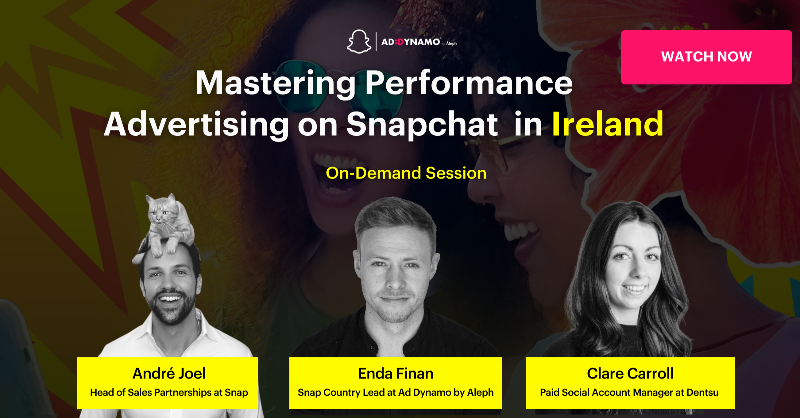 addynamo's tweet photo. Did you miss the Mastering Performance Advertising on Snapchat Webinar? Access it now on-demand!

Uncover insights about Ireland's audience, master effective targeting techniques, create captivating ad formats, and unlock the potential of Snapchat's ad tools and analytics.👇
