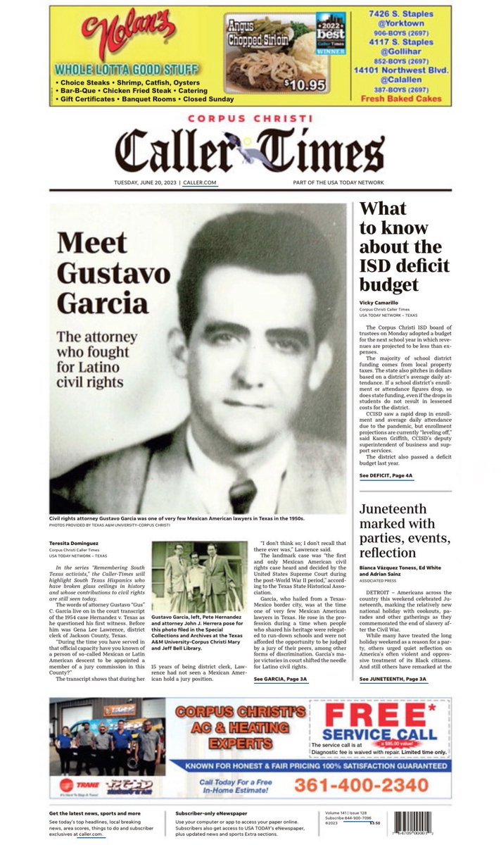In Tuesday’s edition:

- South Texas attorney Gustavo Garcia helped secure civil rights for Latinos
- Corpus Christi ISD: What to know about deficit budget, teacher raises for 2023-24
- Americans mark Juneteenth with parties, events and quiet reflection on the end of slavery https://t.co/1Uy7LfOSHP