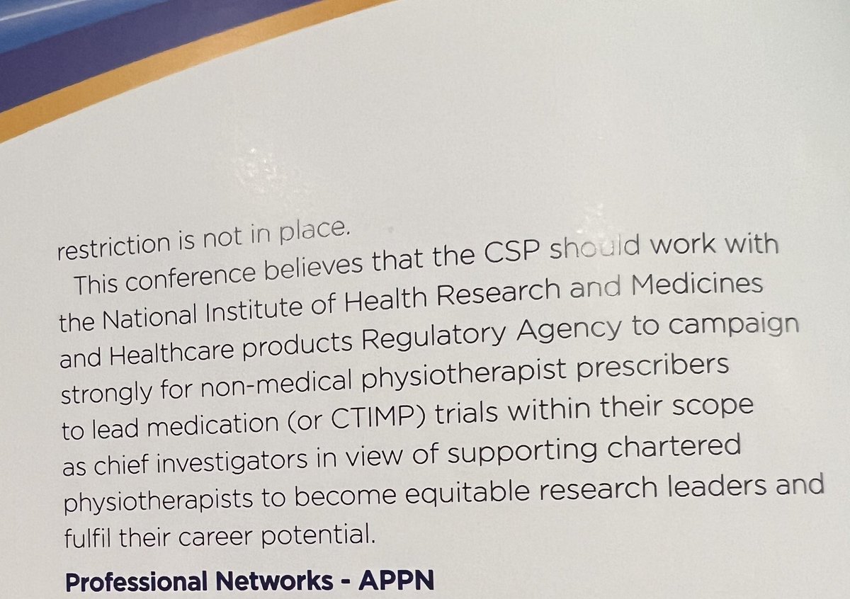 Excited to see that our @APPN_physio motion was accepted at #CSPARC23 regarding non-medical prescribers being recognised as chief investigators on trials within their scope of prescribing similar to nurses and pharmacists #clinicalacademic @Emmajsalt @michangus @timnoblet