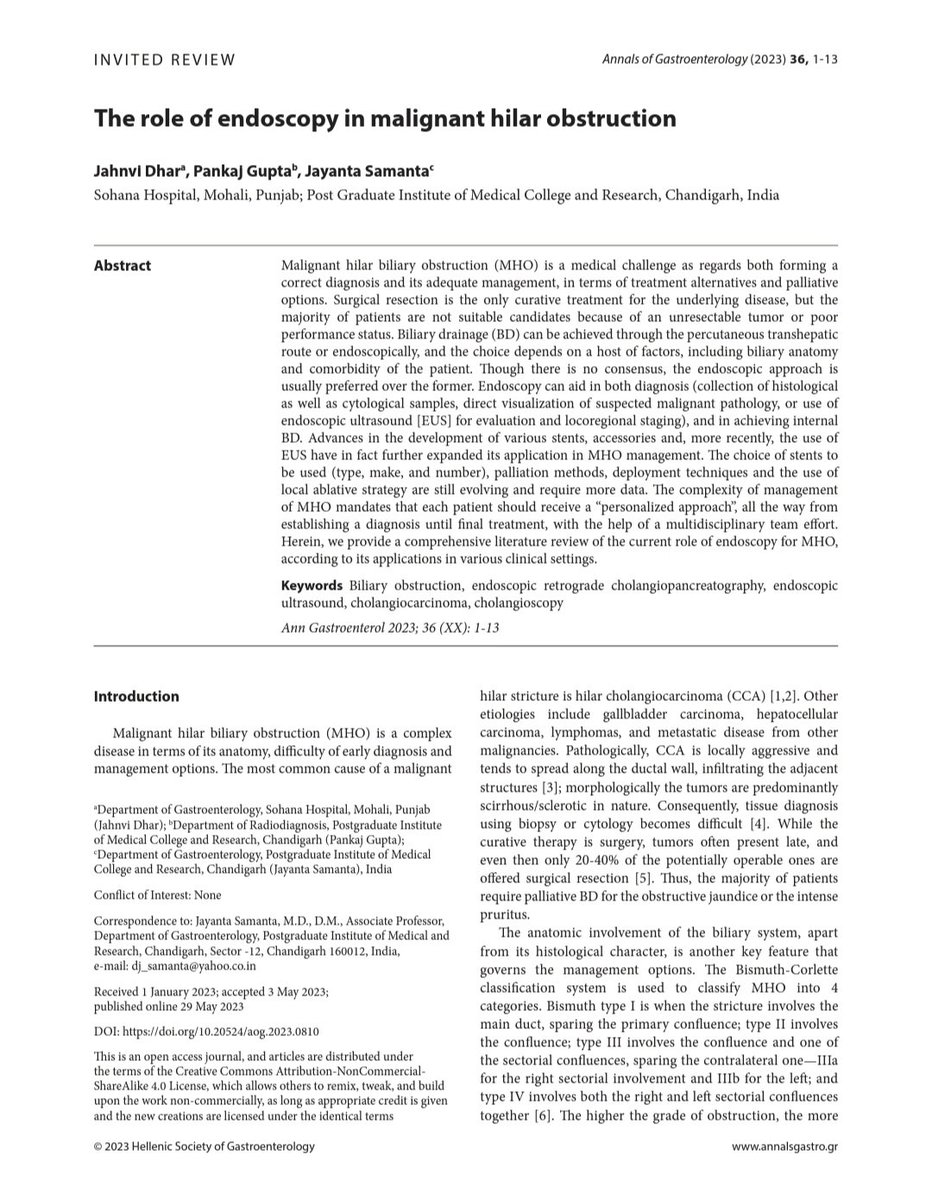 Our latest article (review) is online in #annalsofgastro 🥰

'The role of endoscopy in malignant hilar obstruction' 

@Jayanta_sam 🙏 
#pankajgupta  😇

Please have a look 👇
doi.org/10.20524/aog.2…

#MedTwitter