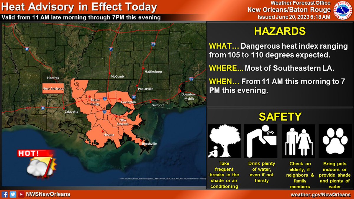NWSNewOrleans's tweet photo. 🌡️ A heat advisory is in effect for areas along and south of the I-10/12 corridor as we heat up quickly by midday with heat indices near 105-110°F.

🌧️ A flood watch remains in effect for most areas due to the potential for flash flooding associated with slow-moving heavy rain. https://t.co/c86zRnGiIc