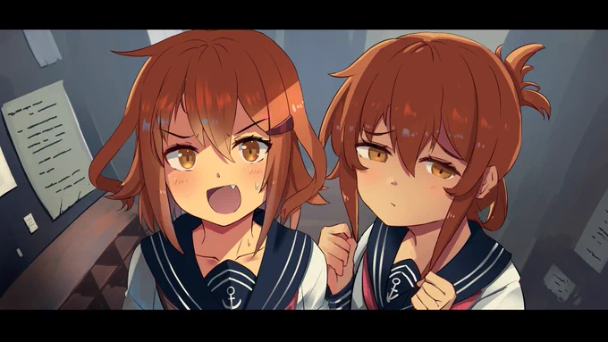 #艦これ #雷 #電 廃校で肝試しをする雷と電描きました!( ゜Д゜)