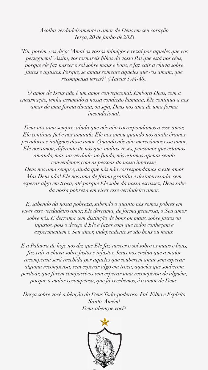 AtleticanosDeFe's tweet photo. Acolha verdadeiramente o amor de Deus em seu coração
Terça, 20 de junho de 2023

"Eu, porém, vos digo: 'Amai os vossos inimigos e rezai por aqueles que vos perseguem!' Assim, vos tornareis filhos do vosso Pai que está nos céus… 

#AtleticanosDeFé https://t.co/ygnQ8J5evs