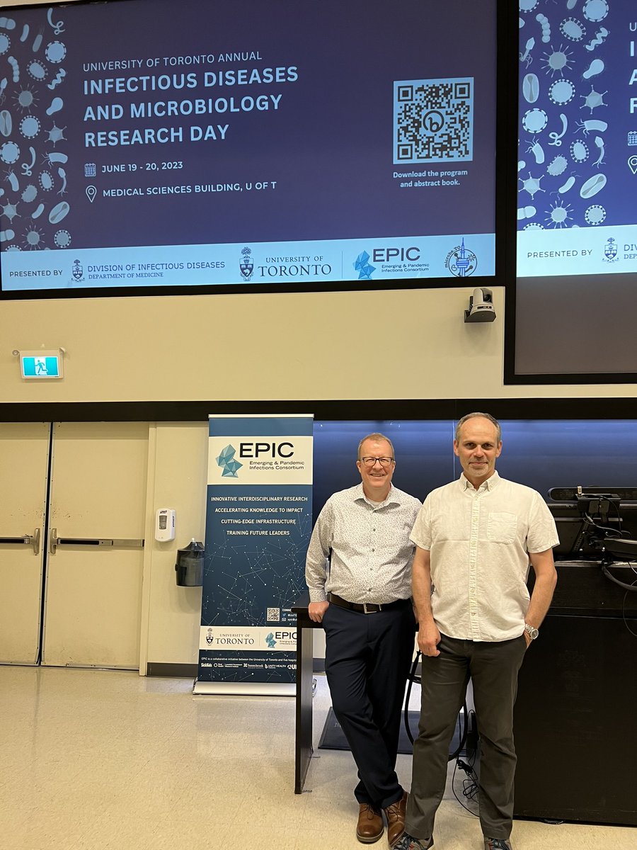 UofTEPIC's tweet photo. #UofTEPIC academic director Scott Gray-Owen and Rupert Kaul (director of the division of infectious diseases @uoftmedicine) get ready to kick off the second day of the 2023 Infectious Diseases and Microbiology Research Day. 

This will be Dr Kaul’s 10th &amp; last event as director! https://t.co/KmfrbJIIxH