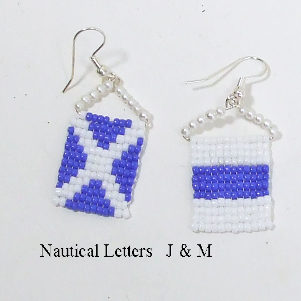 Nautical Official Flag Alphabet.  Either the same single initial or two different initial characters on each ear lobe.  Hand Crafted from seed beads.  1 1/2 inch dangle.  Buy Now-Pay Later: bit.ly/43Kql9H    #JBSG   #Earrings   #SeedBead   #HandCrafted  #Pearls   #Na ...