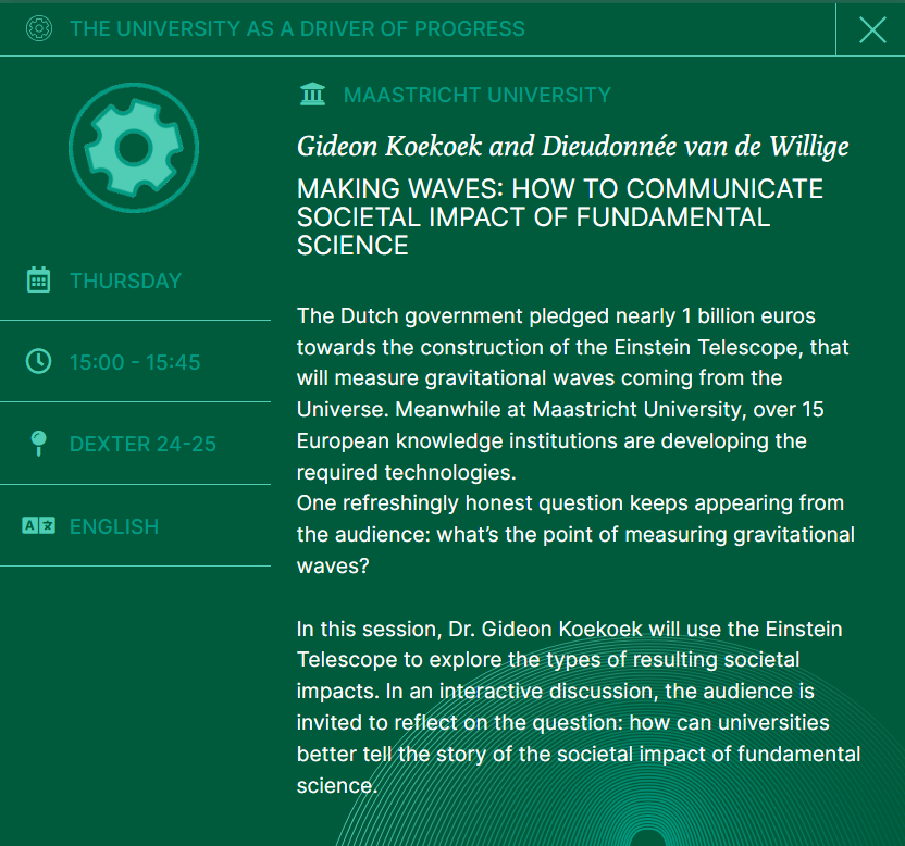 Wat is het nut van het meten van zwaartekrachtgolven?  Tijdens UNLimited zullen Gideon Koekoek en Dieudonnée van de Willige antwoord op deze vraag en meer over de Einstein Telescoop geven! #unlimited2023 <a href="/MaastrichtU/">Maastricht University</a>