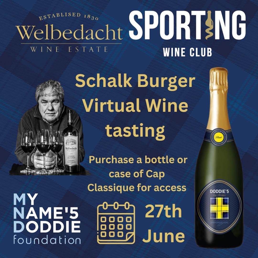 Virtual Wine Tasting with Schalk Burger!Join us next week on the evening of 27th June to be virtually transported to the Welbedacht Wine Estate in South Africa with the great Schalk burger.The place where many of our famous wines are created, including the Doddie'5 Cap Classique.