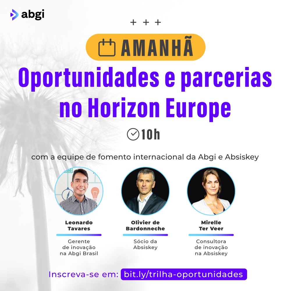 É amanhã, nosso webinar “Oportunidades e parceria na Horizon Europe”, especialistas indicarão boas práticas para encontrar e se inscrever nas chamadas disponíveis para empresas da América Latina. Se inscreva: bit.ly/trilha-oportun…  #abgi #abgibrasil #horizoneurope