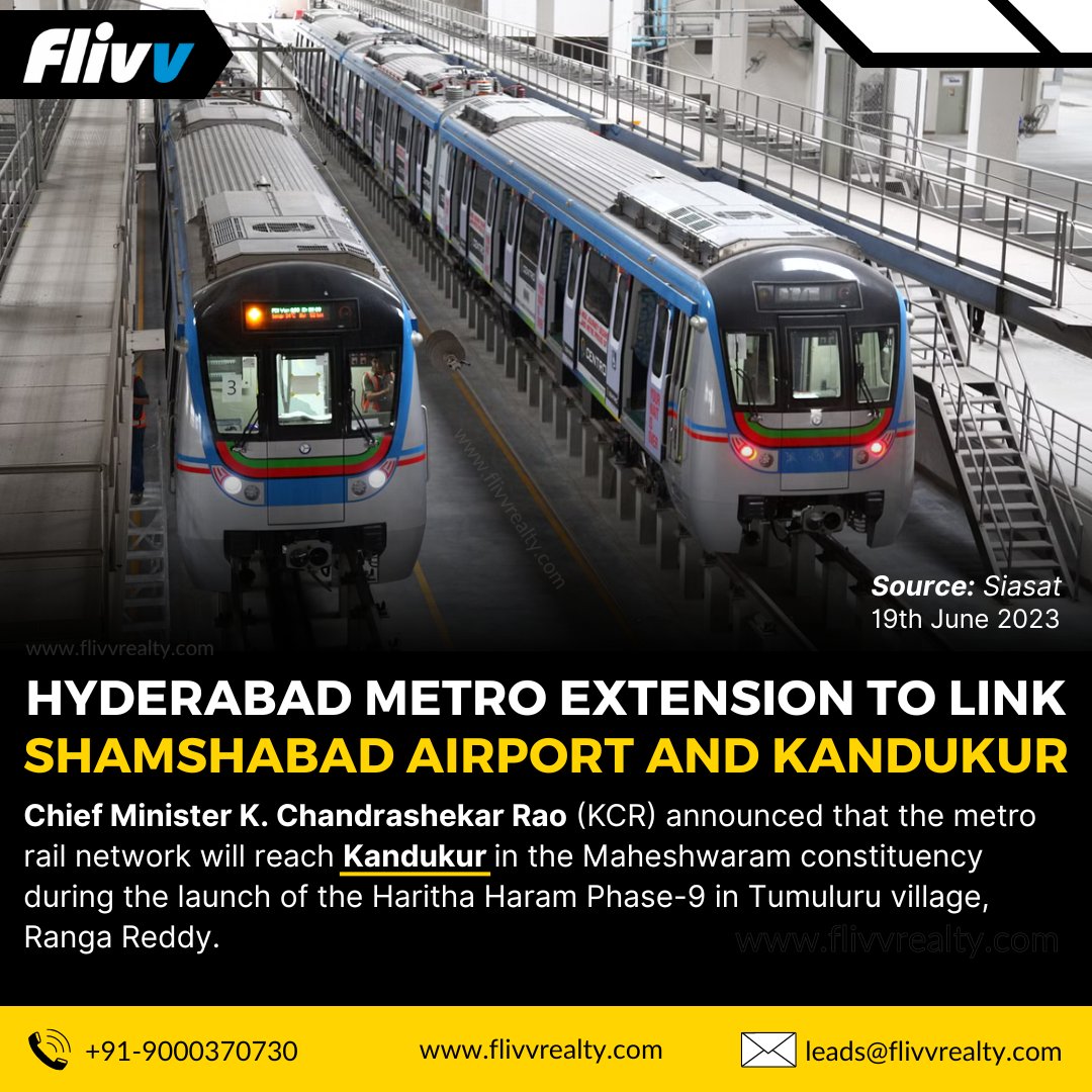 Metro to extend till #Kandukur from #Hyderabad #Airport

Explore investing opportunities
📞 +91-9000370730
🌐 buff.ly/3vsSDpz

#flivvrealty #pharmacity #realestate #realestateinvestment #openplots #shamshabad #RGIA #metro #hyderabadmetro #hyderabadnews #happeninghyderabad