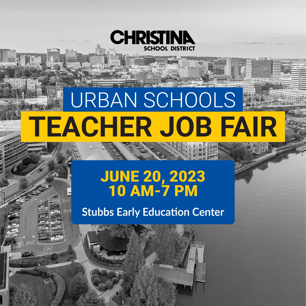 Join Christina School District for our Urban Schools Teacher Job Fair Today, June 20, from 10 AM - 7 PM, at the Stubbs Early Education Center.  We invite you to connect with our school and program administrators.
For questions, please don't hesitate to call (302) 429-4175.