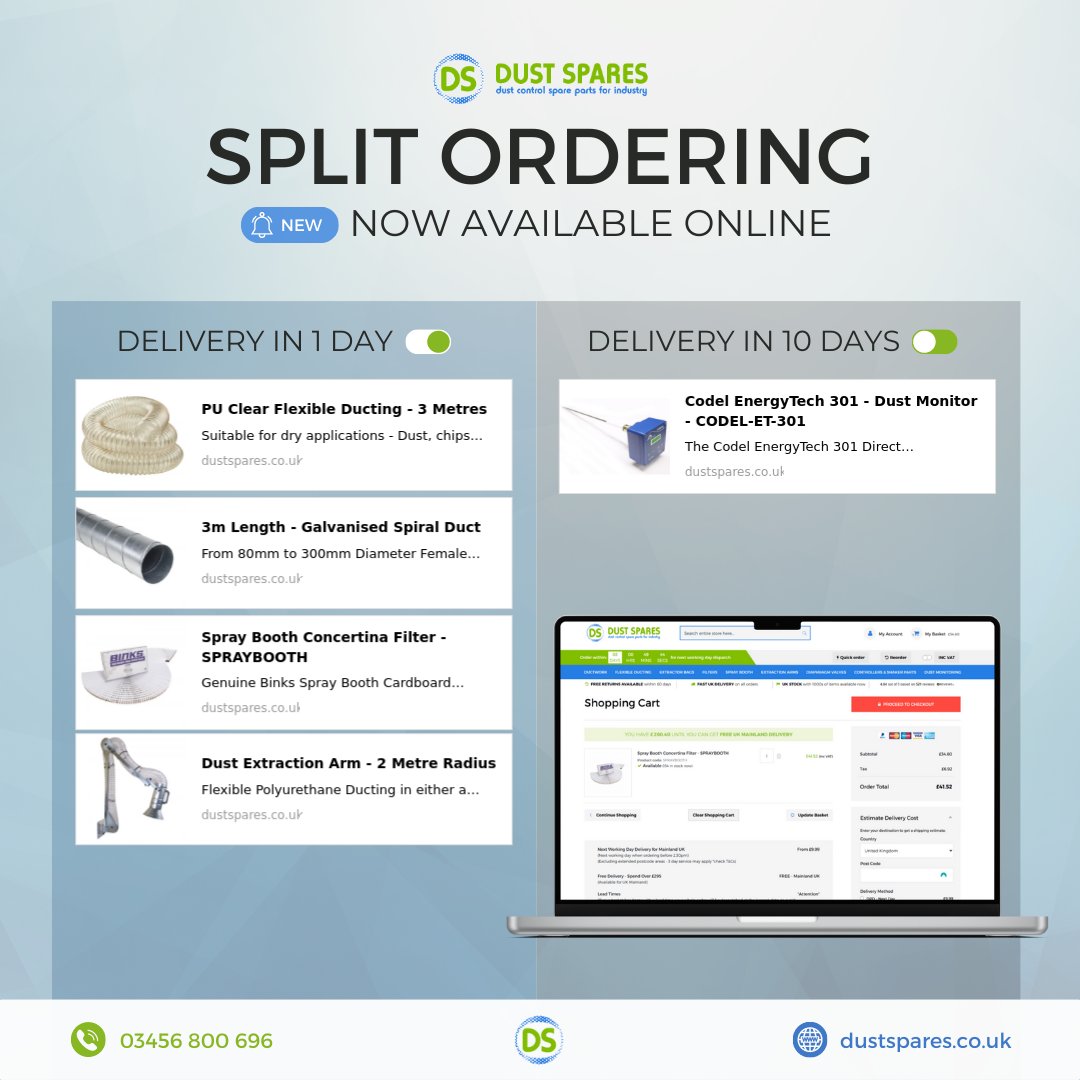 Visit dustspares.co.uk and try out our new split ordering feature!

#dust #extraction #ductwork #dustcontrol #woodworking #furniture #metalworking #concrete #recycling
#automotive #plastics #textiles #powder #agriculturer #chemical #ventilation  #convenience #splitordering