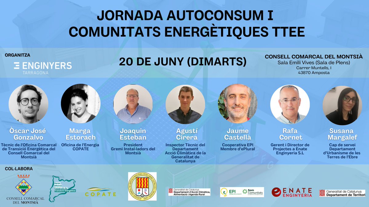 ENERGIA | Avui hem participat en la jornada sobre l'autonconsum i les comunitats energètiques organitzada pel Col·legi d'Enginyers Tècnics Industrials que ha tingut lloc al Consell Comarcal del Montsià coincidint amb la Setmana Europea de l'Energia Sostenible #SetmanaEnergia23