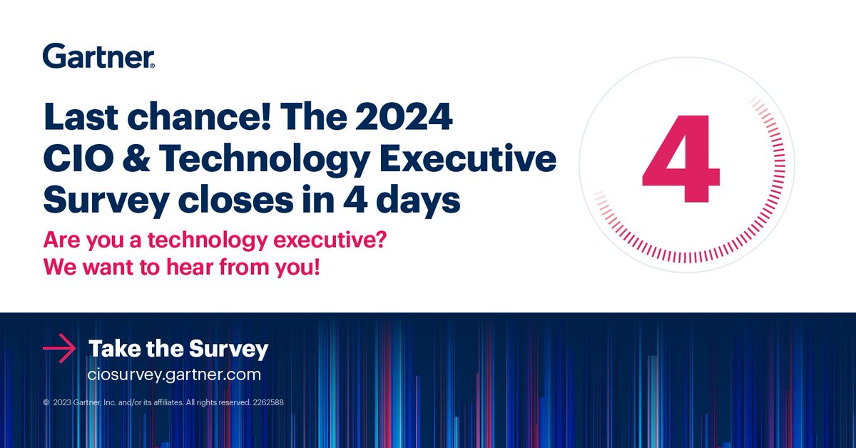 Technology executives: The clock is ticking. Complete the 2024 CIO & Technology Survey to be one of many leaders providing valuable insight. 

Take the survey now: gtnr.it/449BSzr #GartnerIT #GartnerSYM