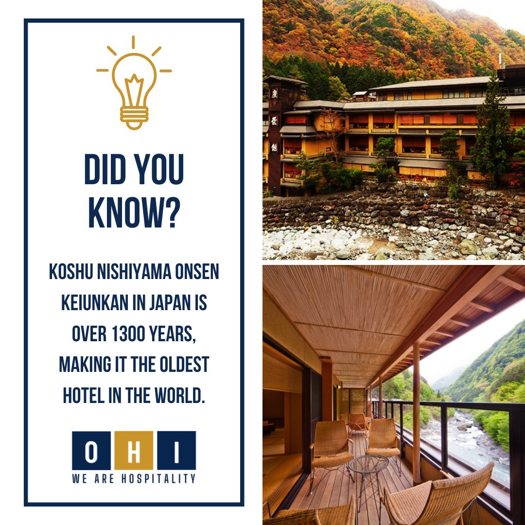 Fun Fact - Hospitality can be tracked back to the pre-historic ages. Koshu Nishiyama Onsen Keiunkan in Japan is the oldest Hotel and is in the Guinness book of World Records! 

#hospitality #japan #oldesthotel #funfact #hotel  #OHI #hospitalitylife #travel #tourism #hotellife